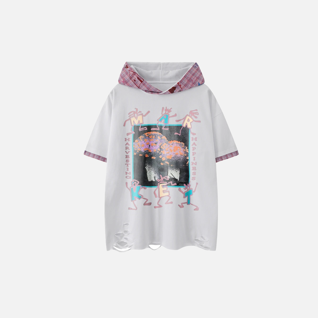 Kurzarm-T-Shirt mit Kapuze und Grafikprint sowie Rissen