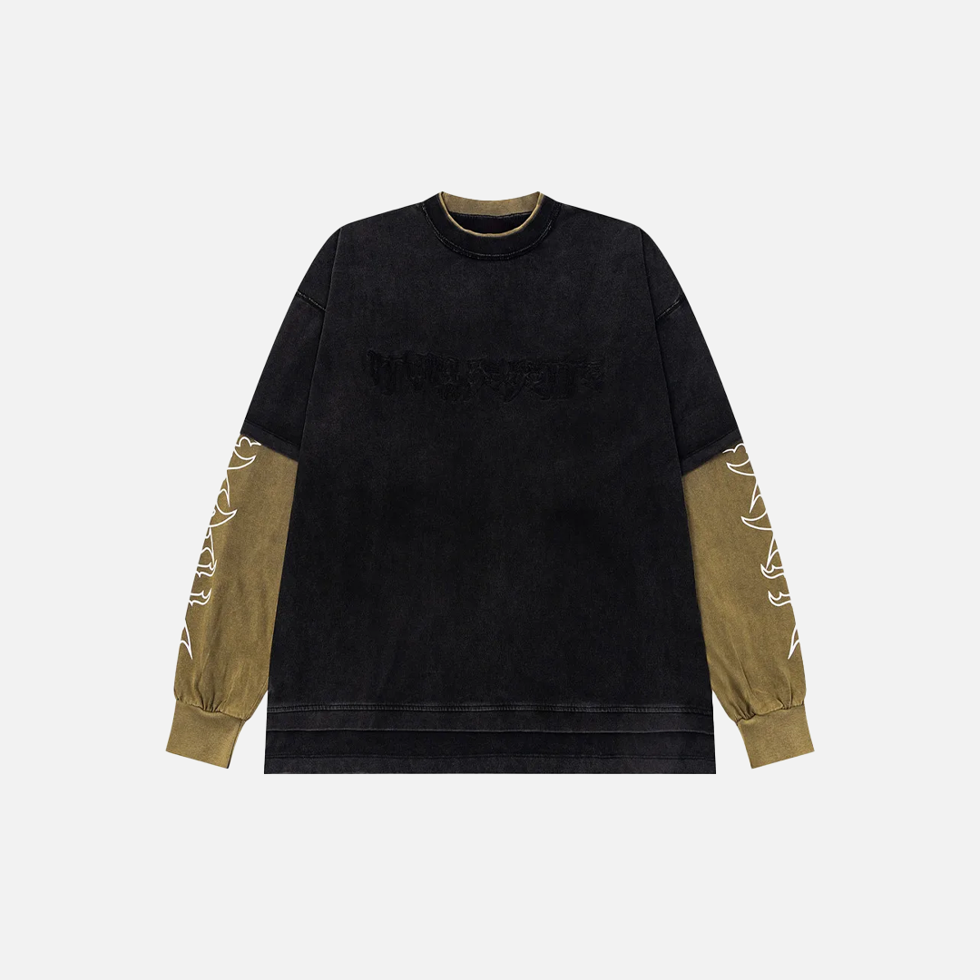 Retro Letter Printed Fake Two Piece Long Sleeve T-Shirt