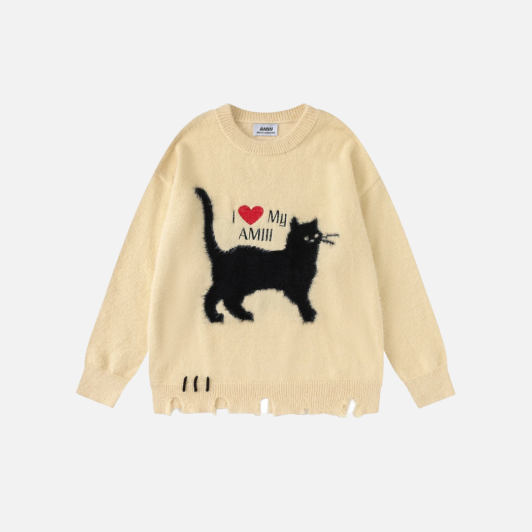 Pull déchiré oversize à motif chat rigolo Y2K