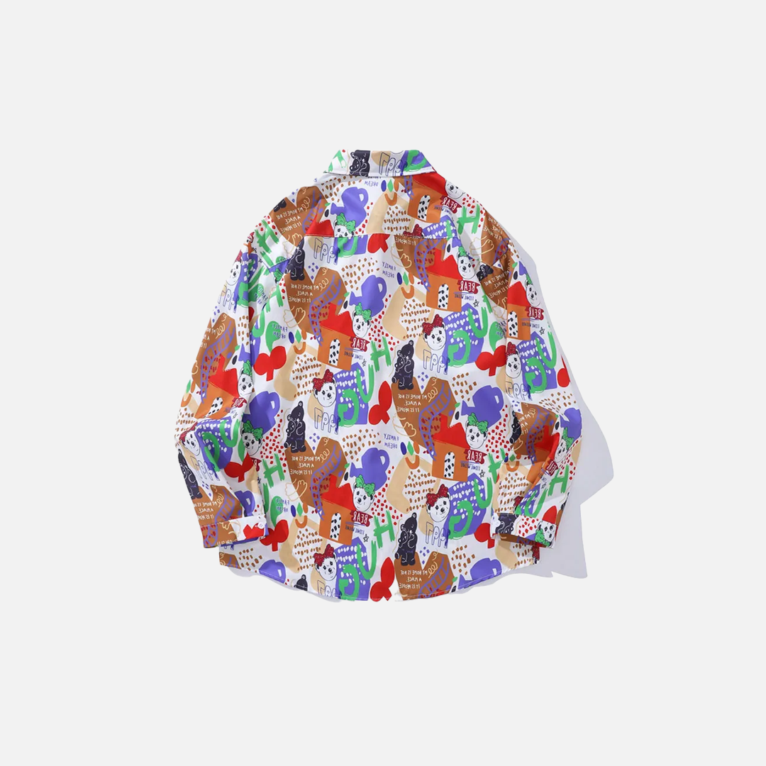 Buntes Langarmshirt mit Cartoon-Bären-Graffiti