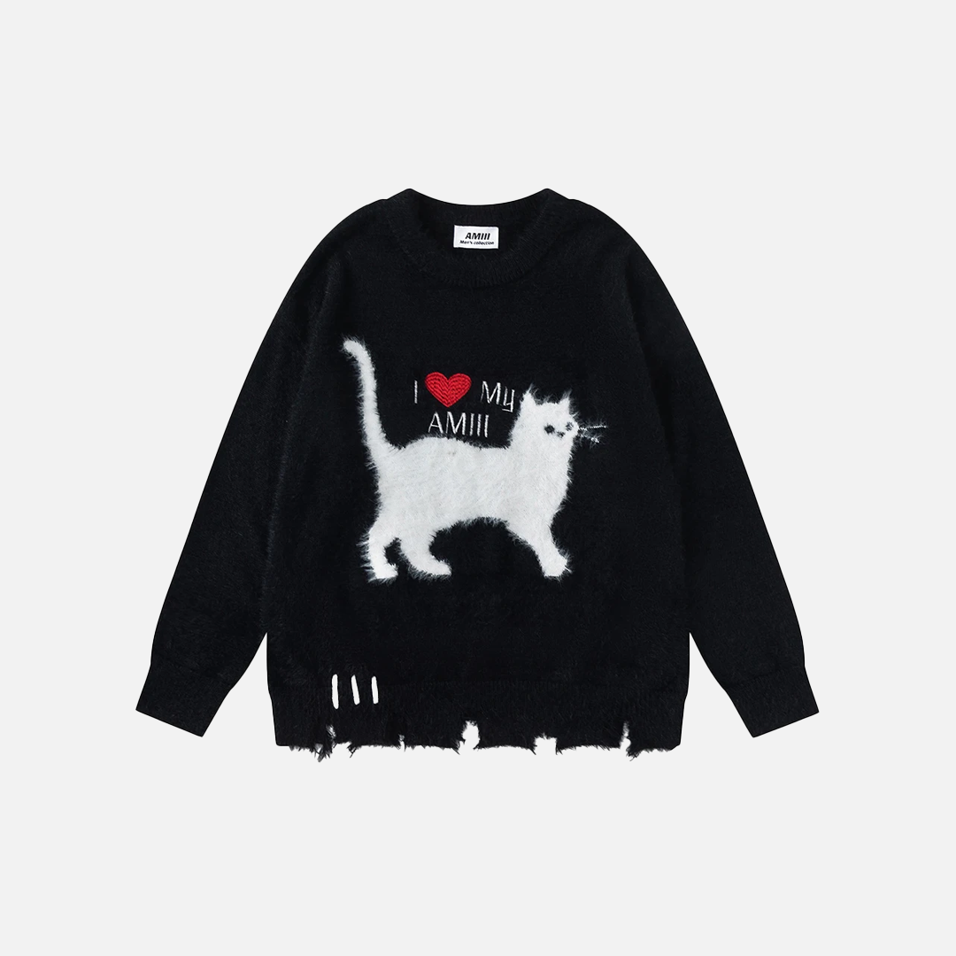 Pull déchiré oversize à motif chat rigolo Y2K