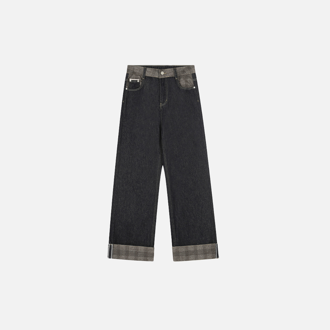 Streetwear Patchwork Plaid Denim Straight Leg Jeans