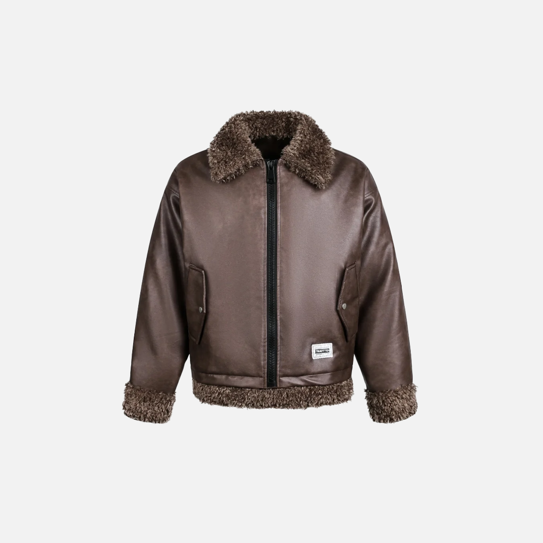Veste en cuir à col en fourrure sherpa rétro, style streetwear