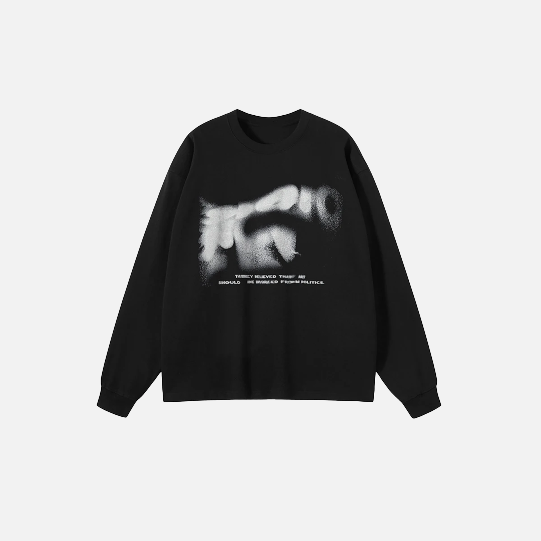 Schwarzes Langarm-T-Shirt mit verschwommenem Buchstaben-Grafikmotiv
