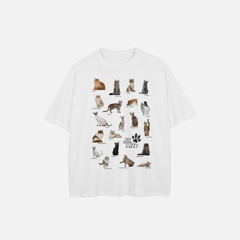 T-shirt graphique représentant différentes races de chats
