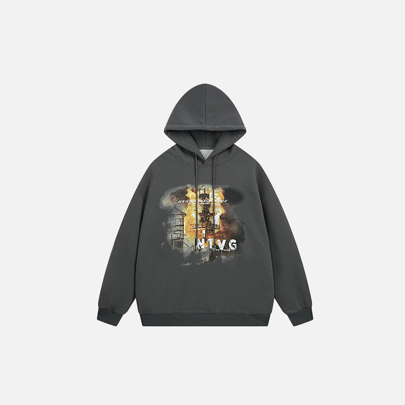 Hoodie mit Motiv eines brennenden Gebäudes