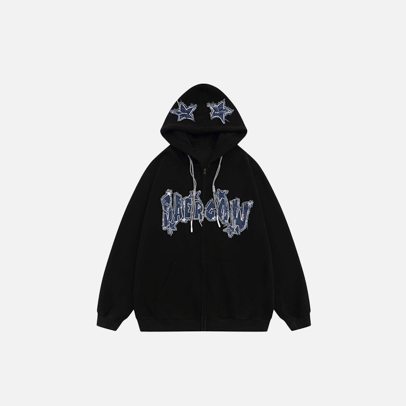 Sweat à capuche rétro en denim brodé d'étoiles