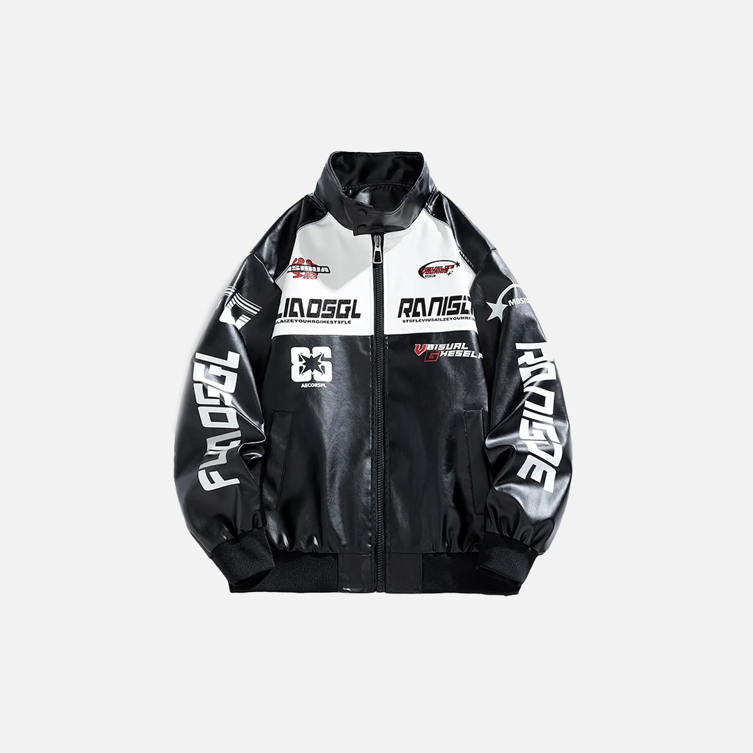 Veste de moto tendance streetwear hip-hop en similicuir.