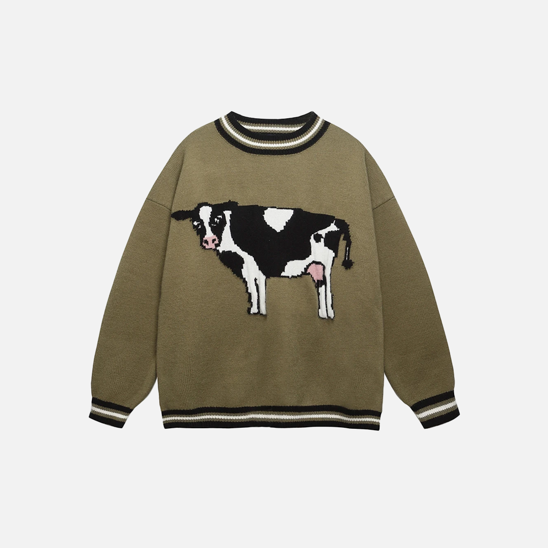 Pull-over à col rond en maille imprimée vache.