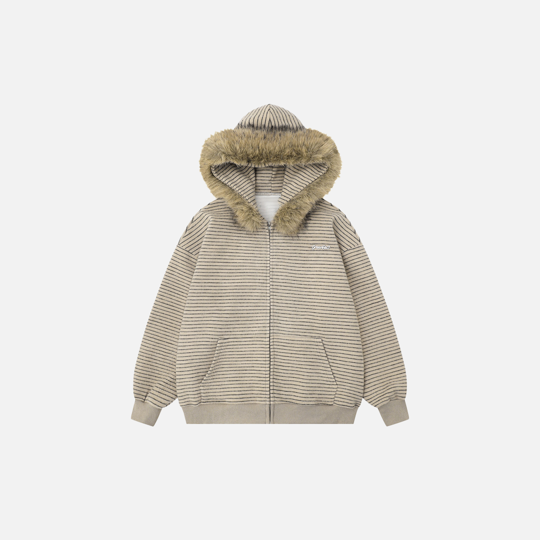 Vintage-Sweatshirt mit Streifen, lockerer Passform und Kapuze aus Pelz