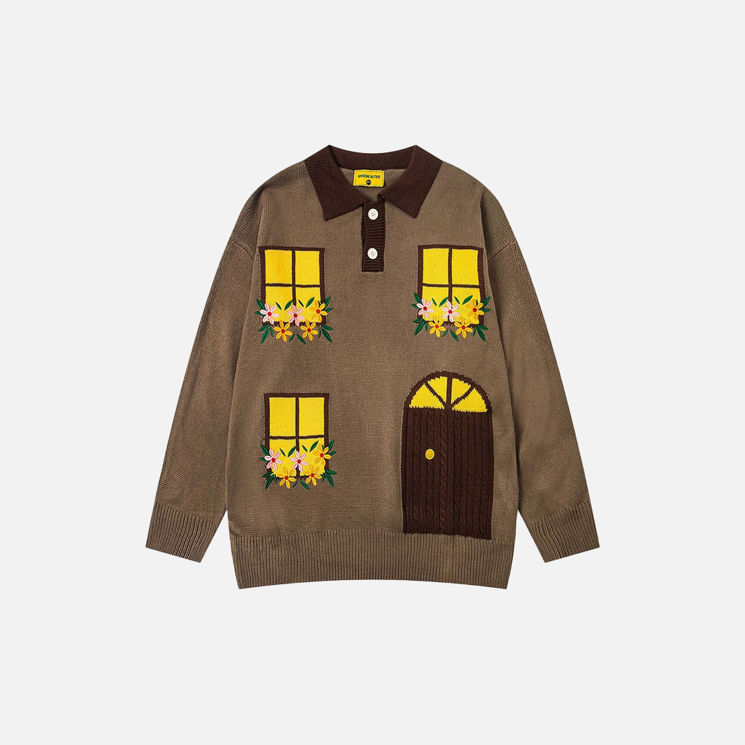 Y2K Gemütlicher, lässiger Strickpullover mit Blumenstickerei