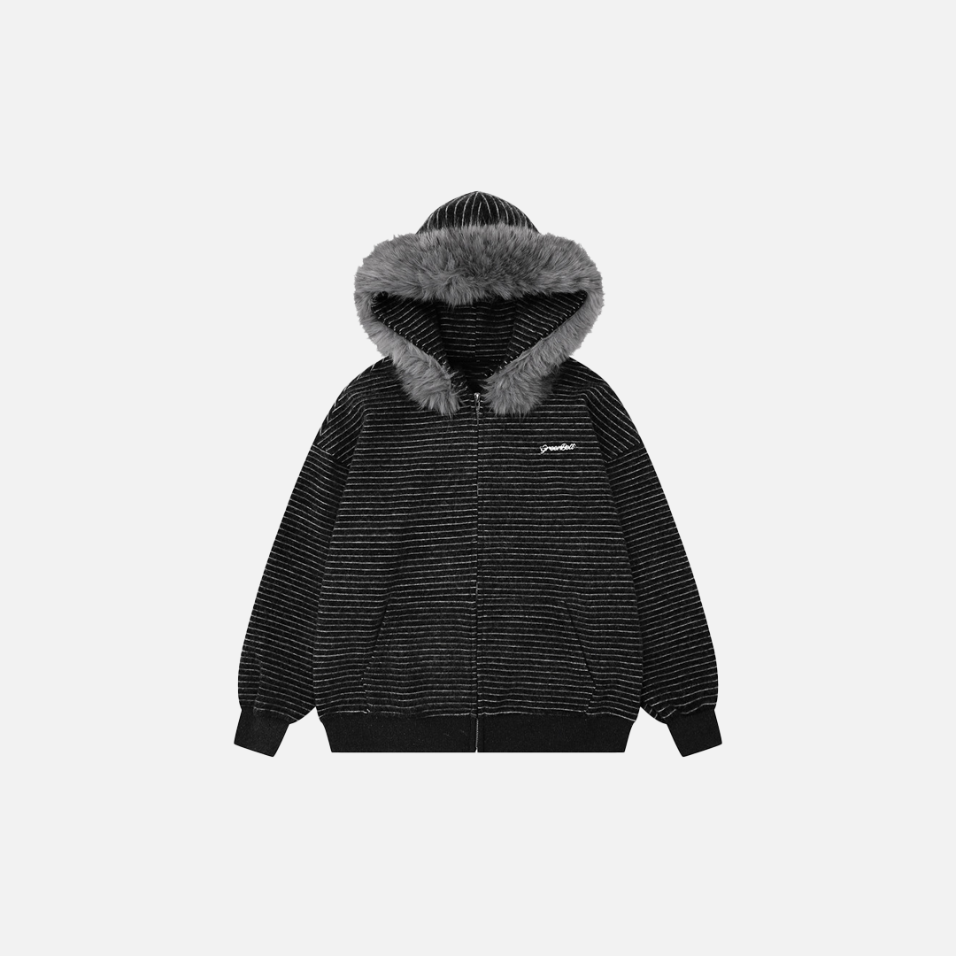 Vintage-Sweatshirt mit Streifen, lockerer Passform und Kapuze aus Pelz