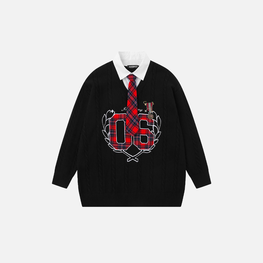 Chemise à carreaux brodée avec cravate et pull