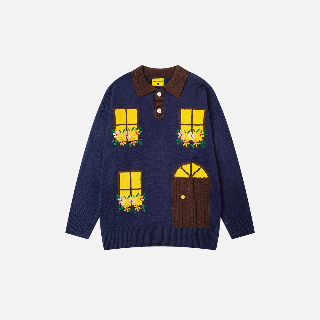 Y2K Gemütlicher, lässiger Strickpullover mit Blumenstickerei