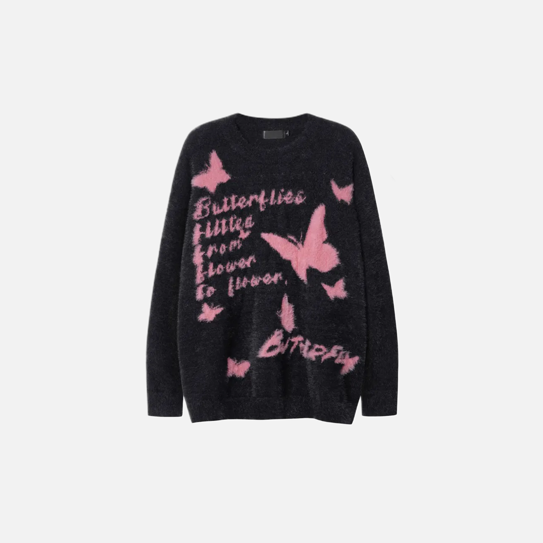Pull décontracté en maille douce et duveteuse à motif papillon pour femme