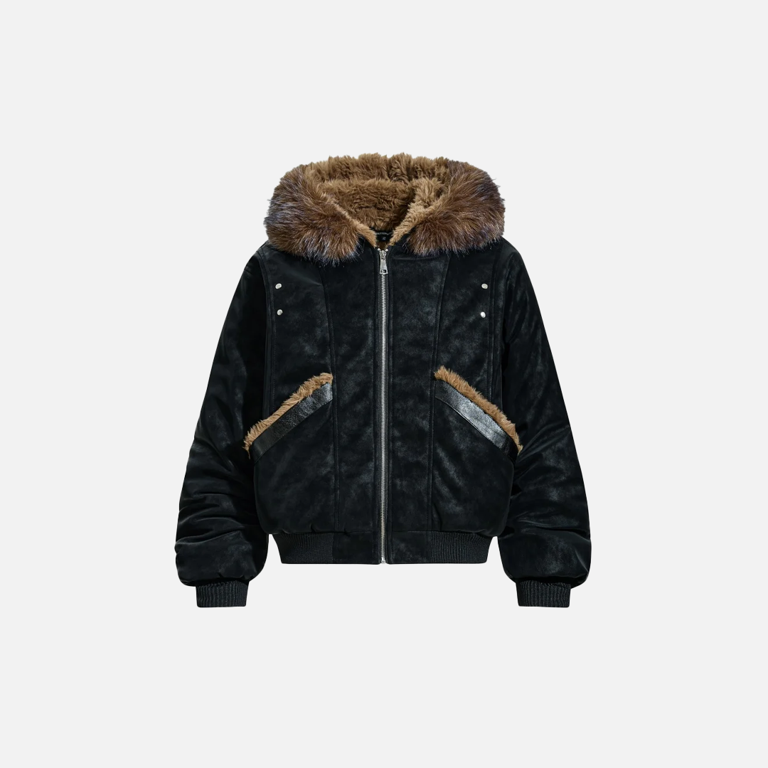 Veste tendance en cuir PU à capuche en fourrure rapportée