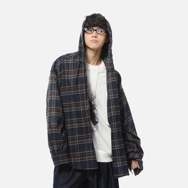 Chemise à capuche décontractée à carreaux streetwear