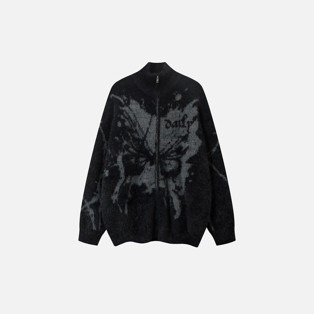 Cardigan à col roulé en maille unique à motif papillon