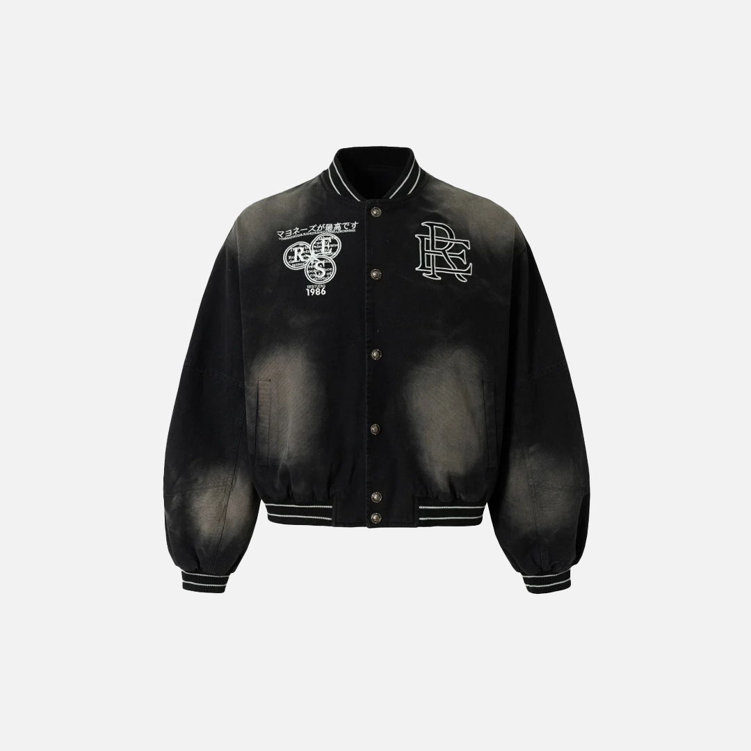 Baseball-College-Jeansjacke mit verblasster Buchstabenstickerei