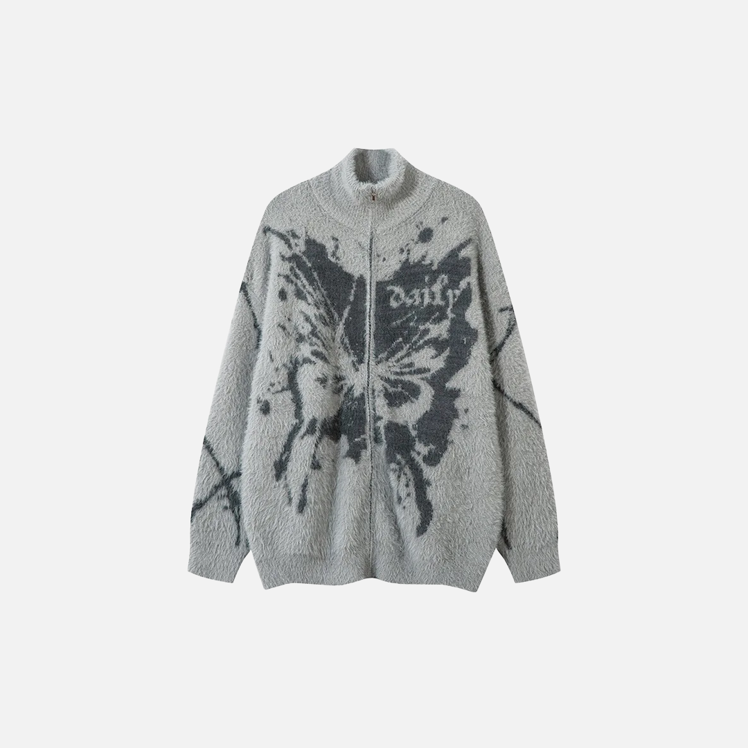 Cardigan à col roulé en maille unique à motif papillon