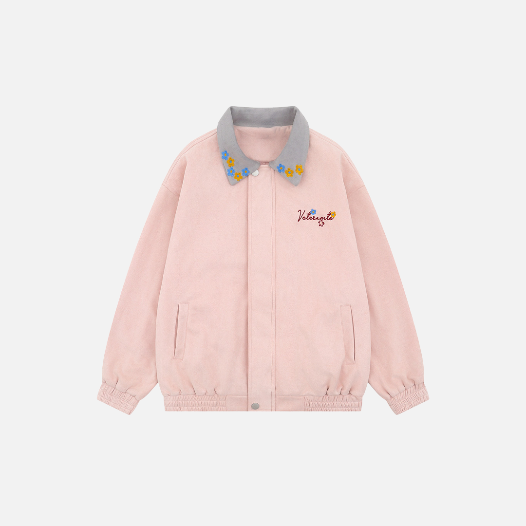 Veste oversize à col contrastant brodée de fleurs