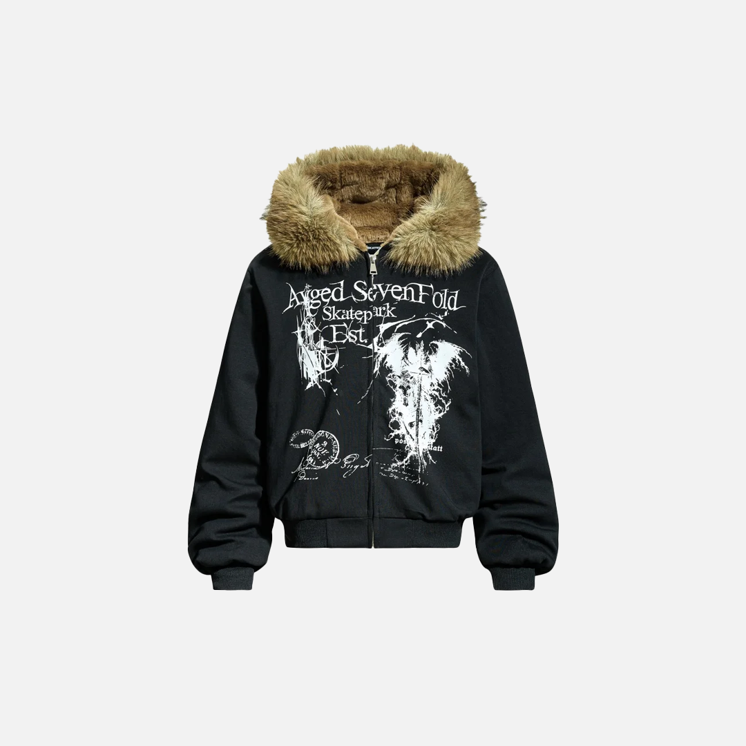 Streetwear-Kapuzenjacke mit Sensenmann-Print und Pelzbesatz