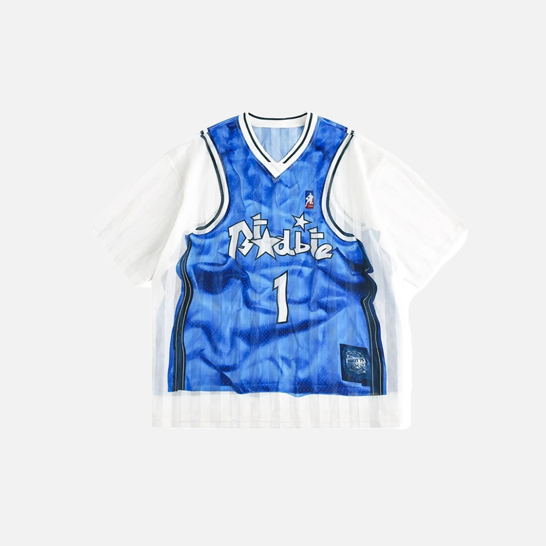 Faux T-shirt de basket-ball à col en V imprimé graphique deux pièces