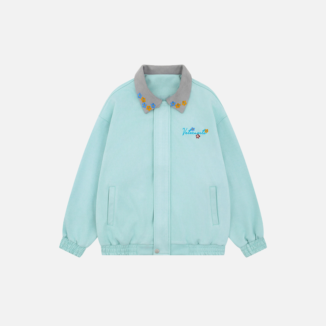 Veste oversize à col contrastant brodée de fleurs