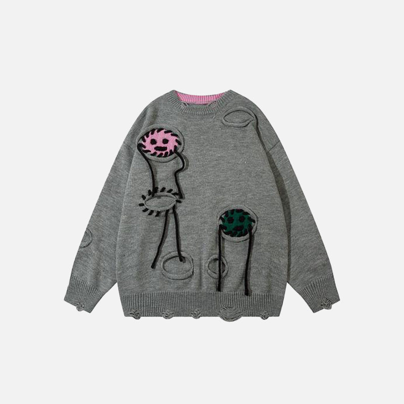 Pullover mit Rissen und Muster mit lustigen Gesichtern