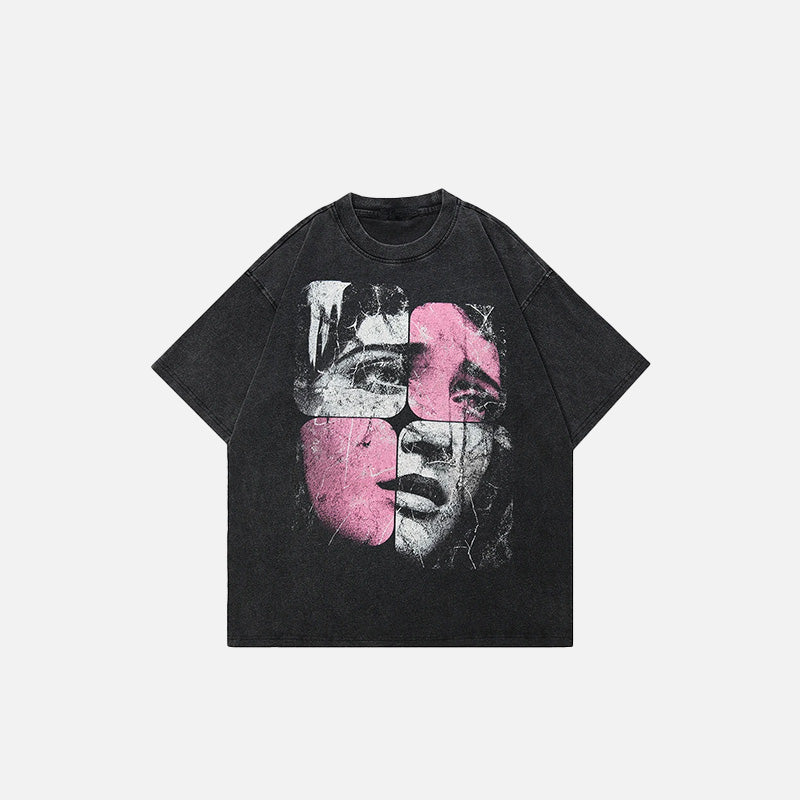 Washed Puzzle Face Printed T-shirt