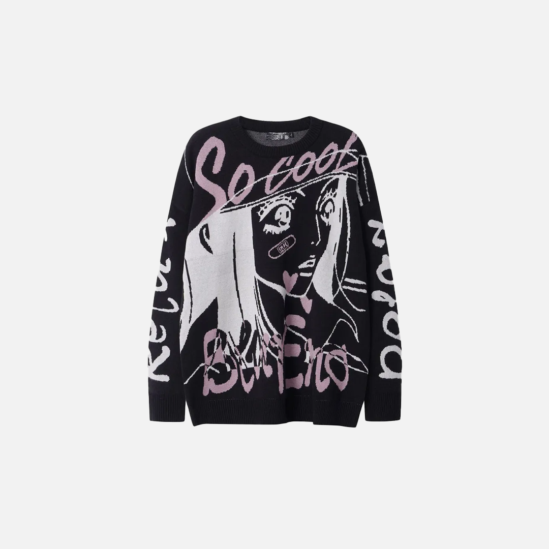 Gemütlicher Oversize-Strickpullover mit japanischen Cartoon-Motiven