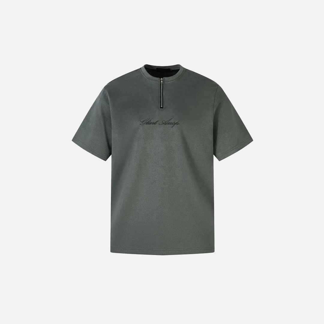 Suede Embroidered Zipper Short Sleeve T-Shirt