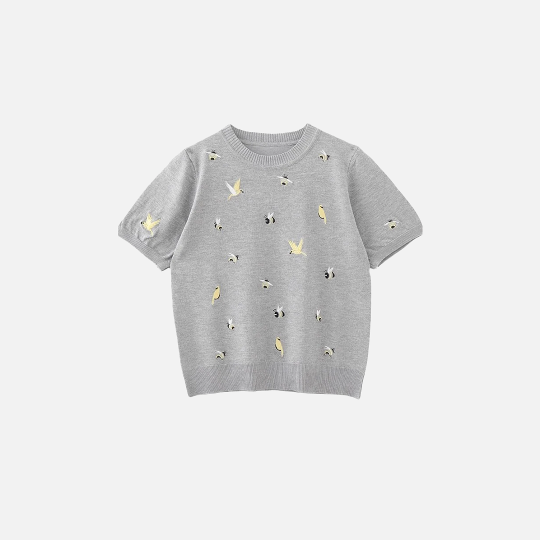 T-shirt décontracté à col rond avec broderie d'oiseau