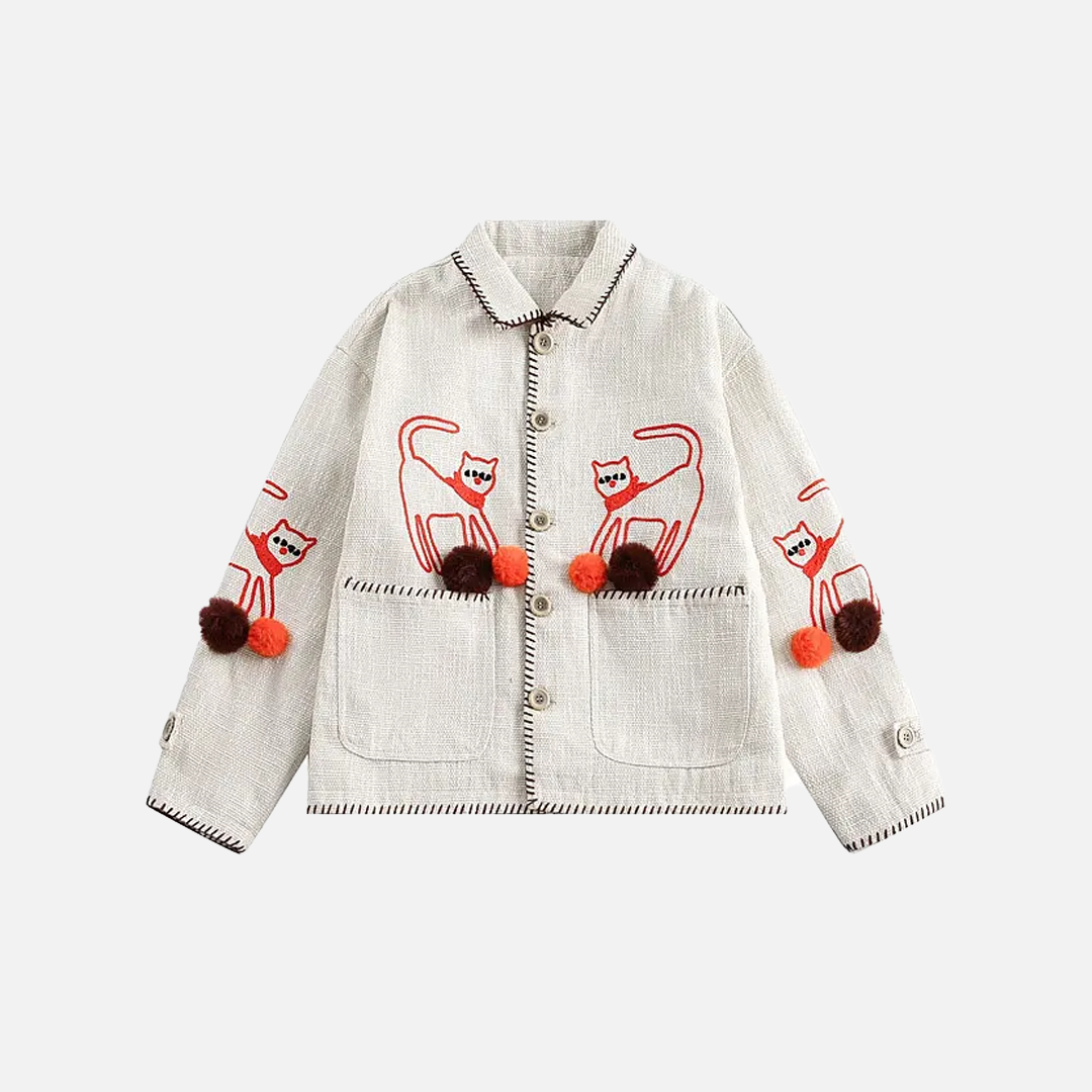 Leinenjacke mit roter Katzenstickerei