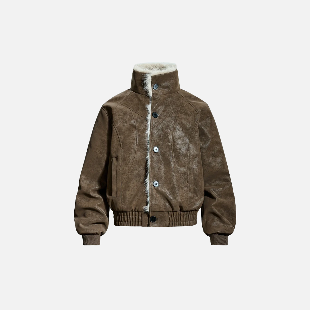 Veste en cuir et fourrure rétro à col rabattu et empiècements