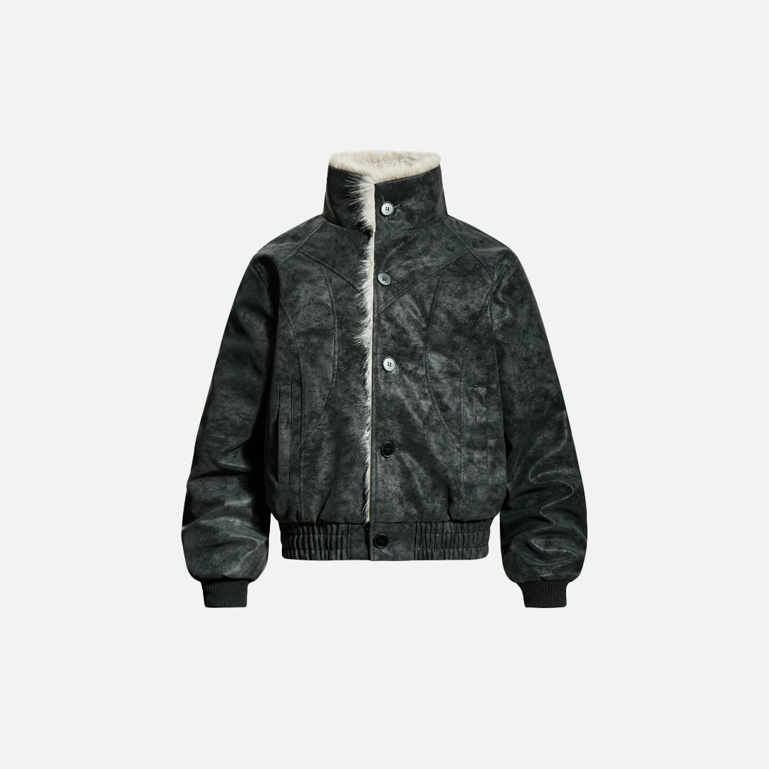 Veste en cuir et fourrure rétro à col rabattu et empiècements