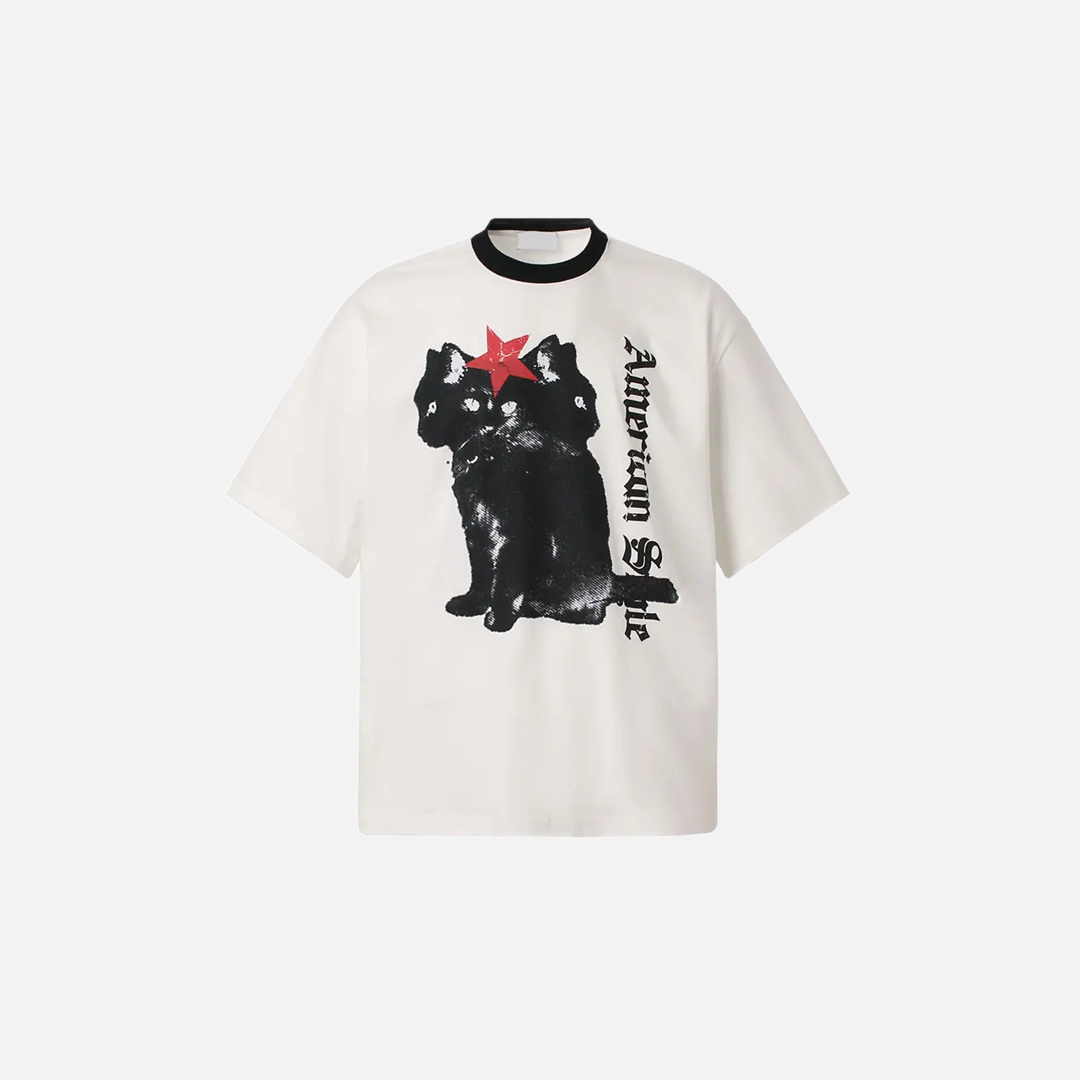 Perfect Fit Black Star Graphic Cat Print Cotton T-Shirt