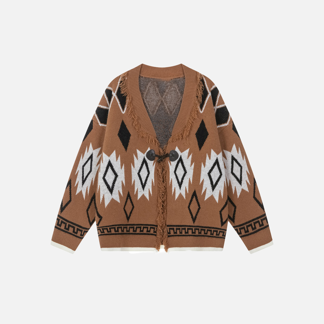 Modischer Jacquard-Cardigan mit V-Ausschnitt und Quasten