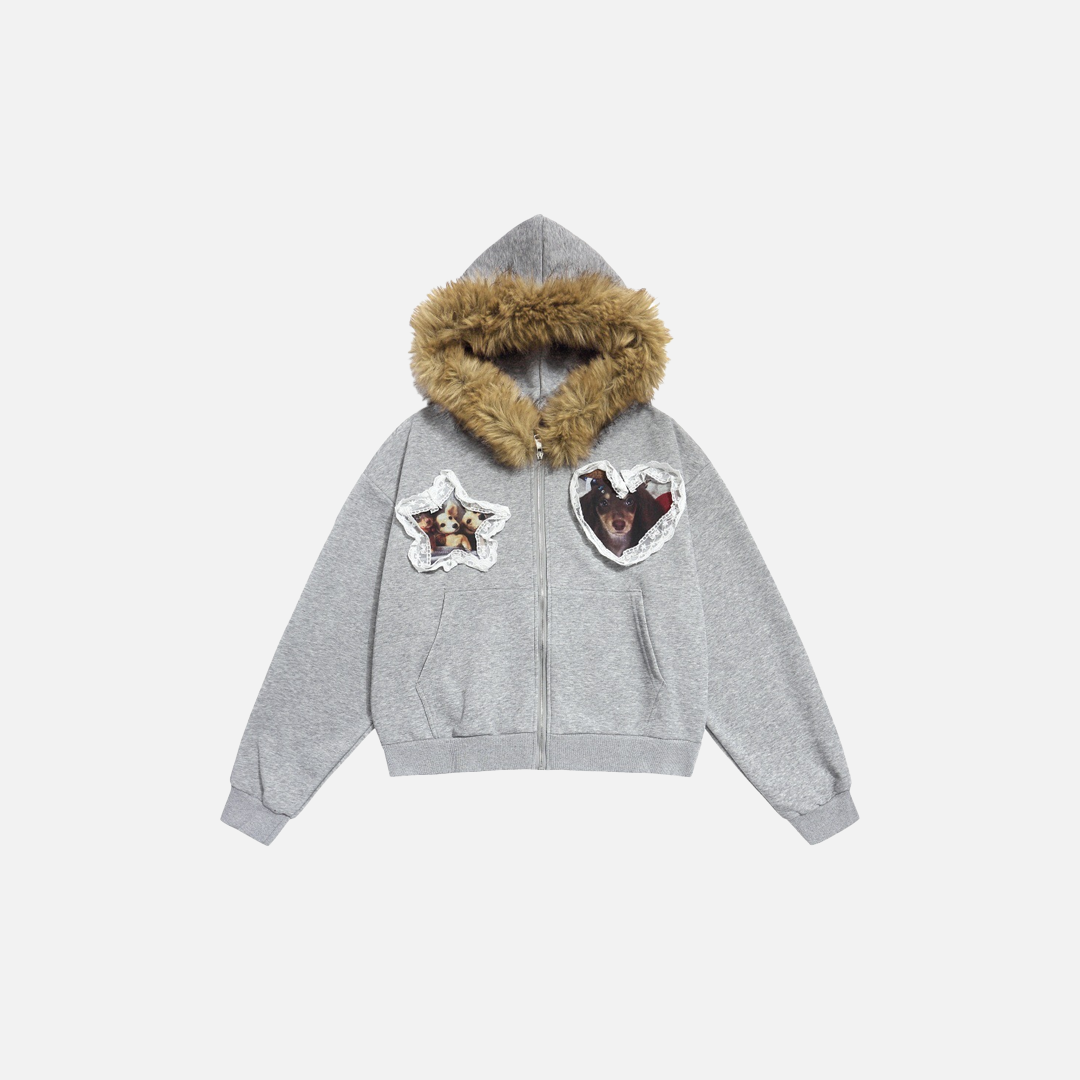 Herzförmiger Kapuzenpullover mit Reißverschluss und Kunstpelzfutter