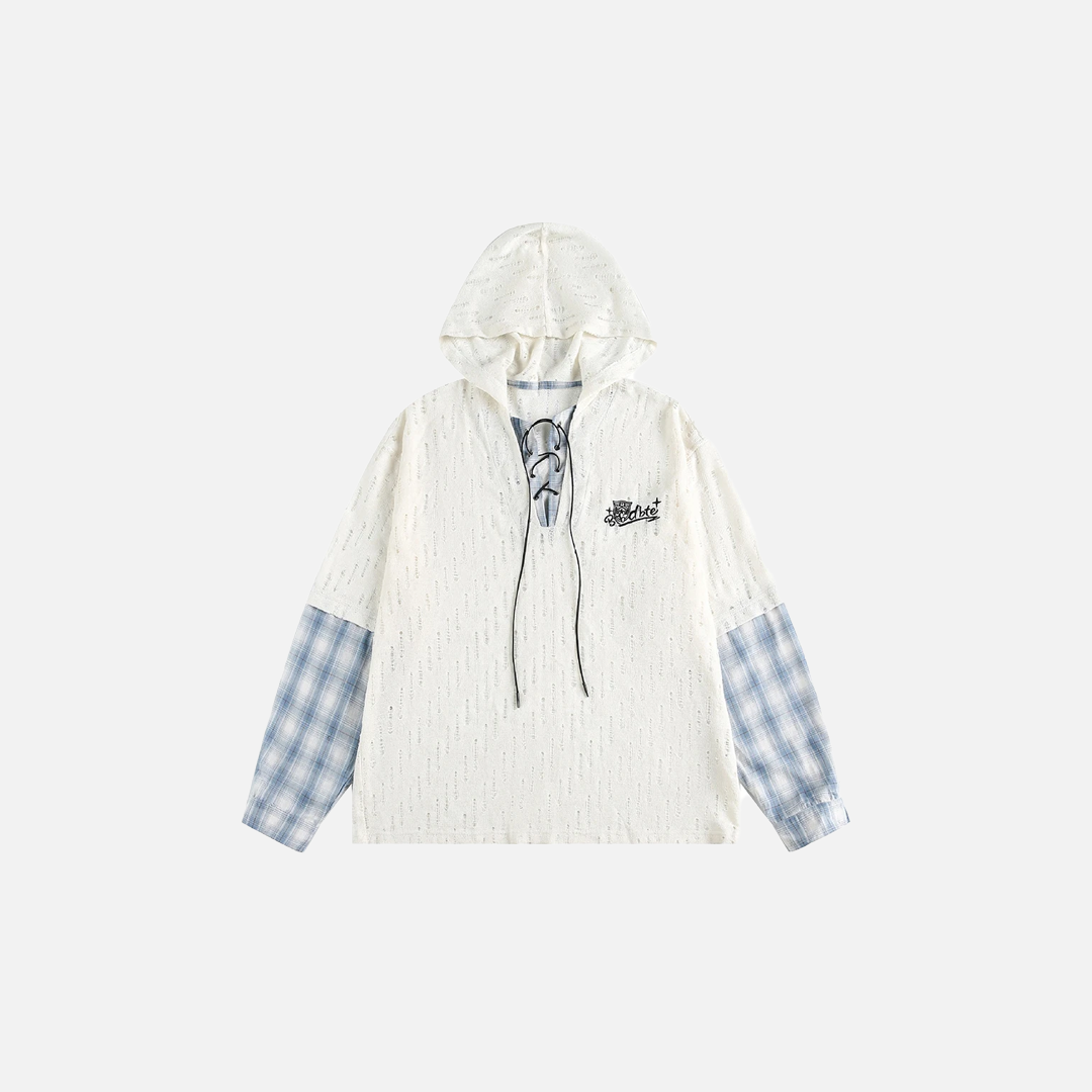 Plaid Patchwork Vintage Oversized Fake Two Piece Hoodie