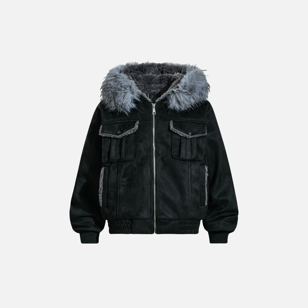 Dicke Fleecejacke mit Taschen und Pelzkapuze