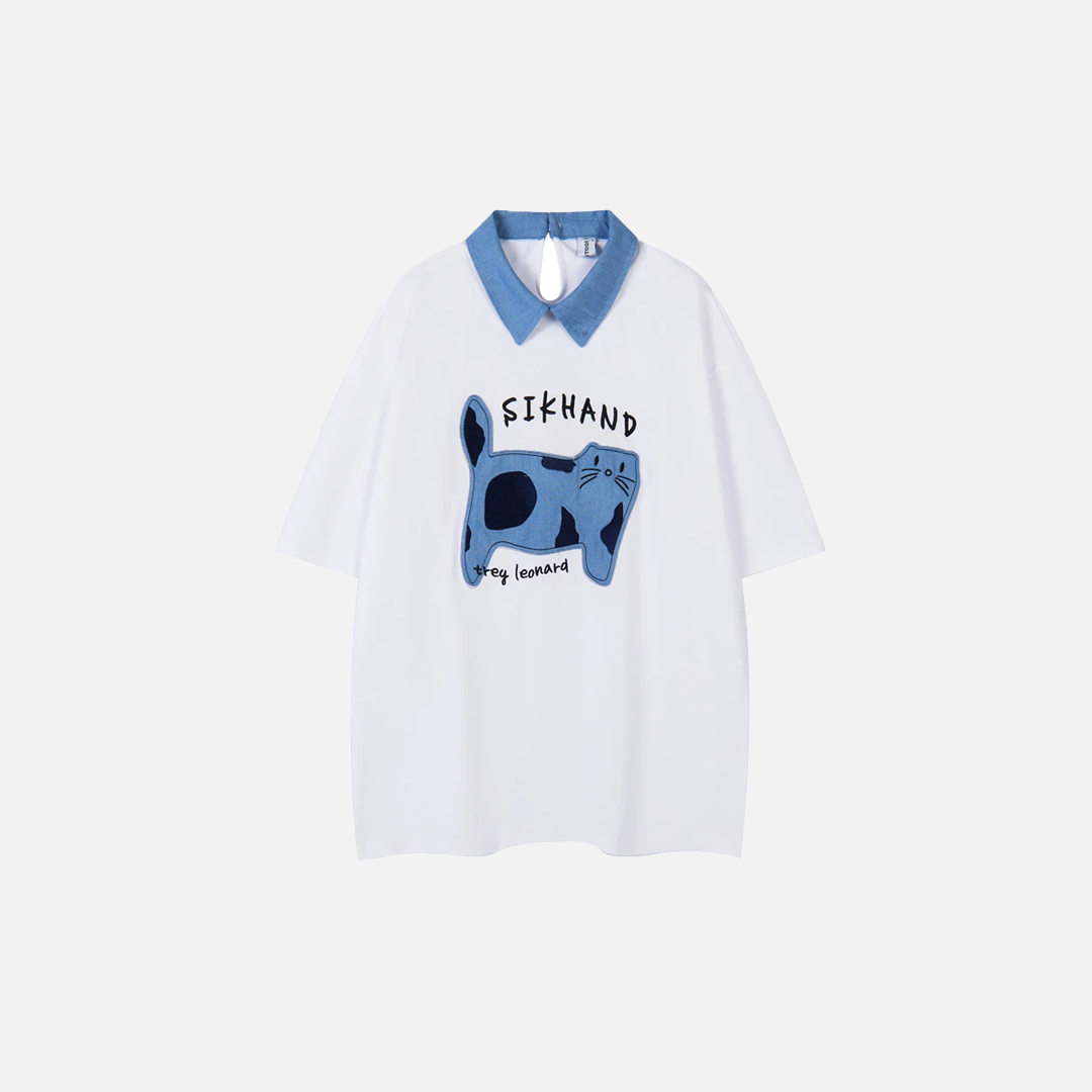 Besticktes Hip-Hop-T-Shirt mit Katzenmotiv und umklappbarem Kragen