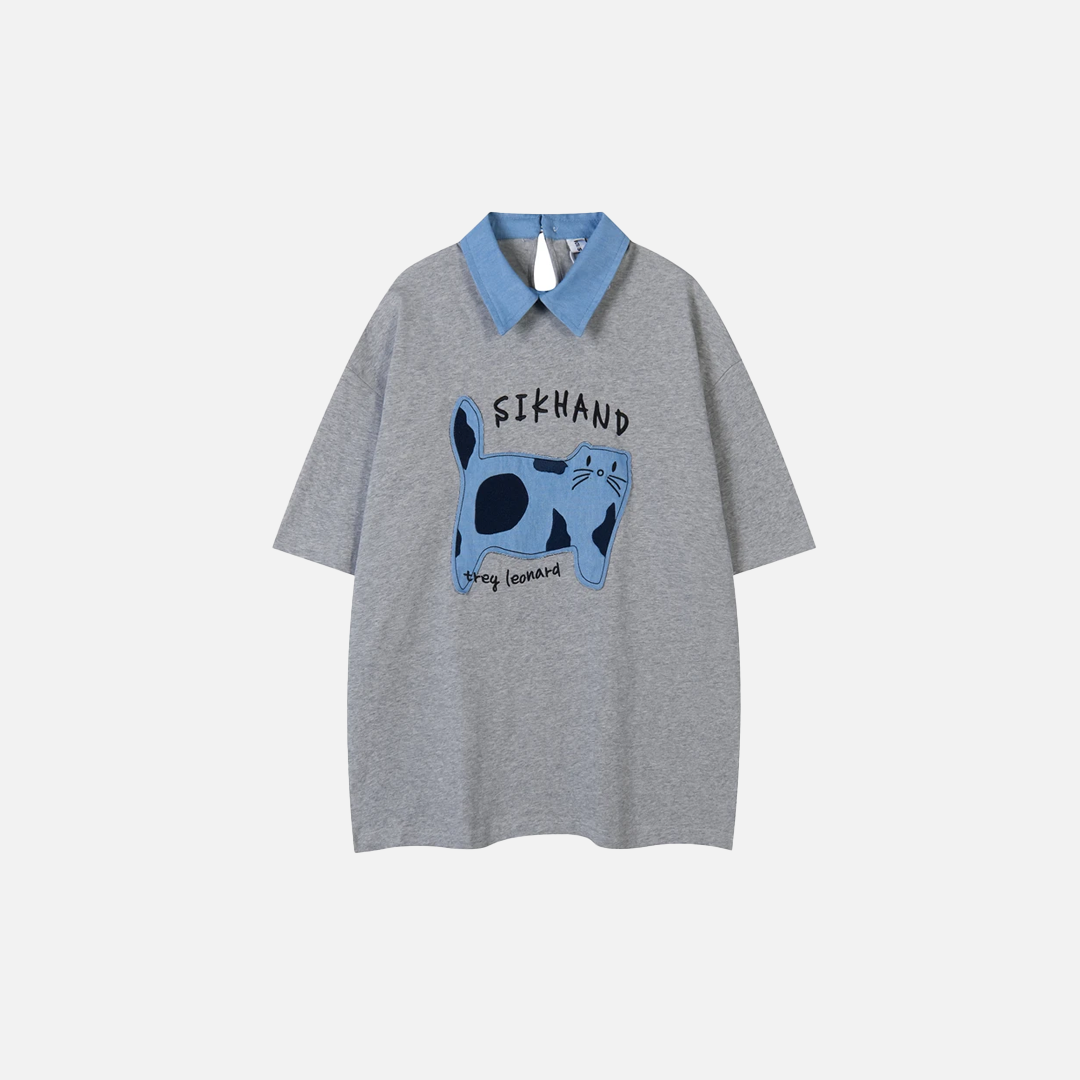 Besticktes Hip-Hop-T-Shirt mit Katzenmotiv und umklappbarem Kragen