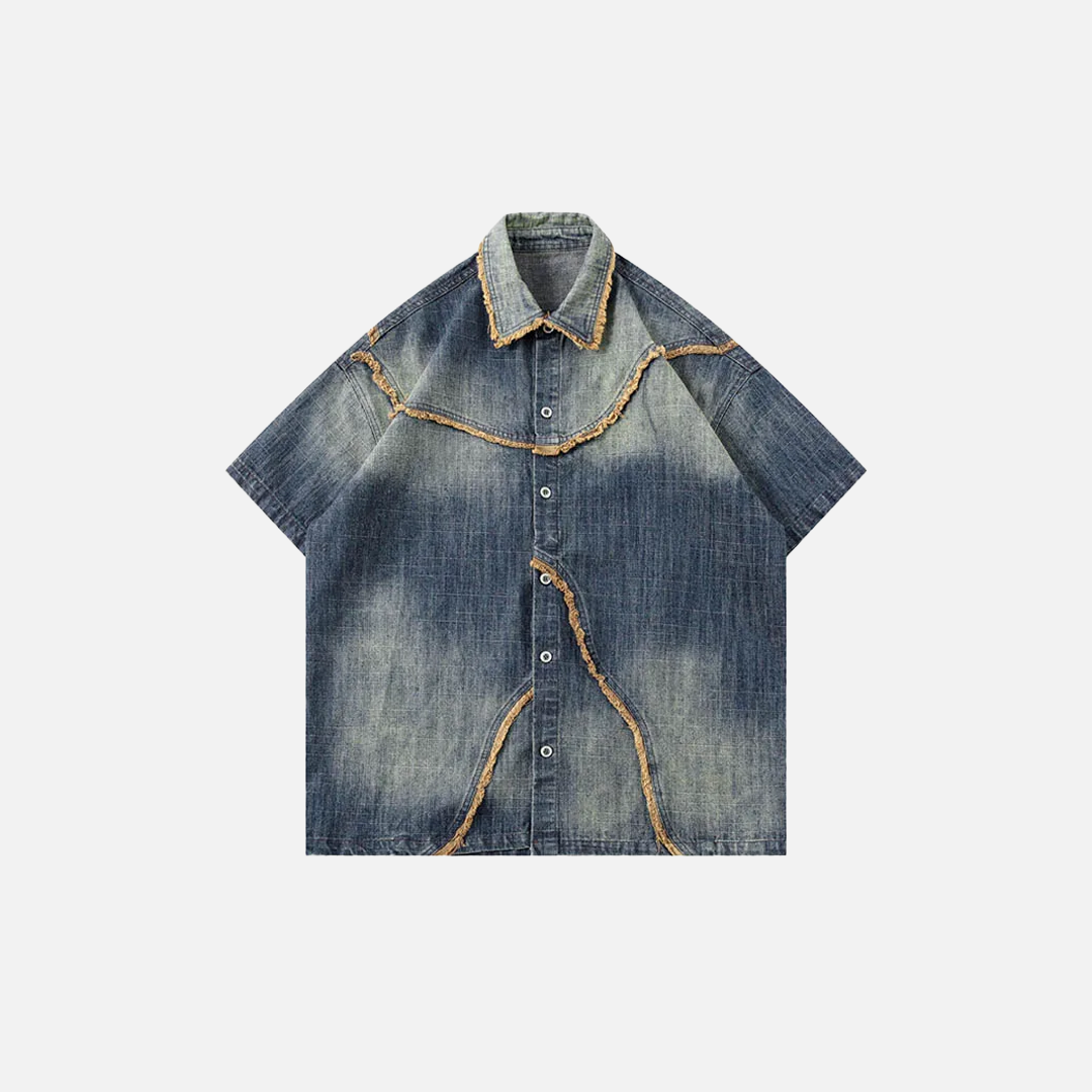 Chemise à manches courtes en denim patchwork délavé style années 2000