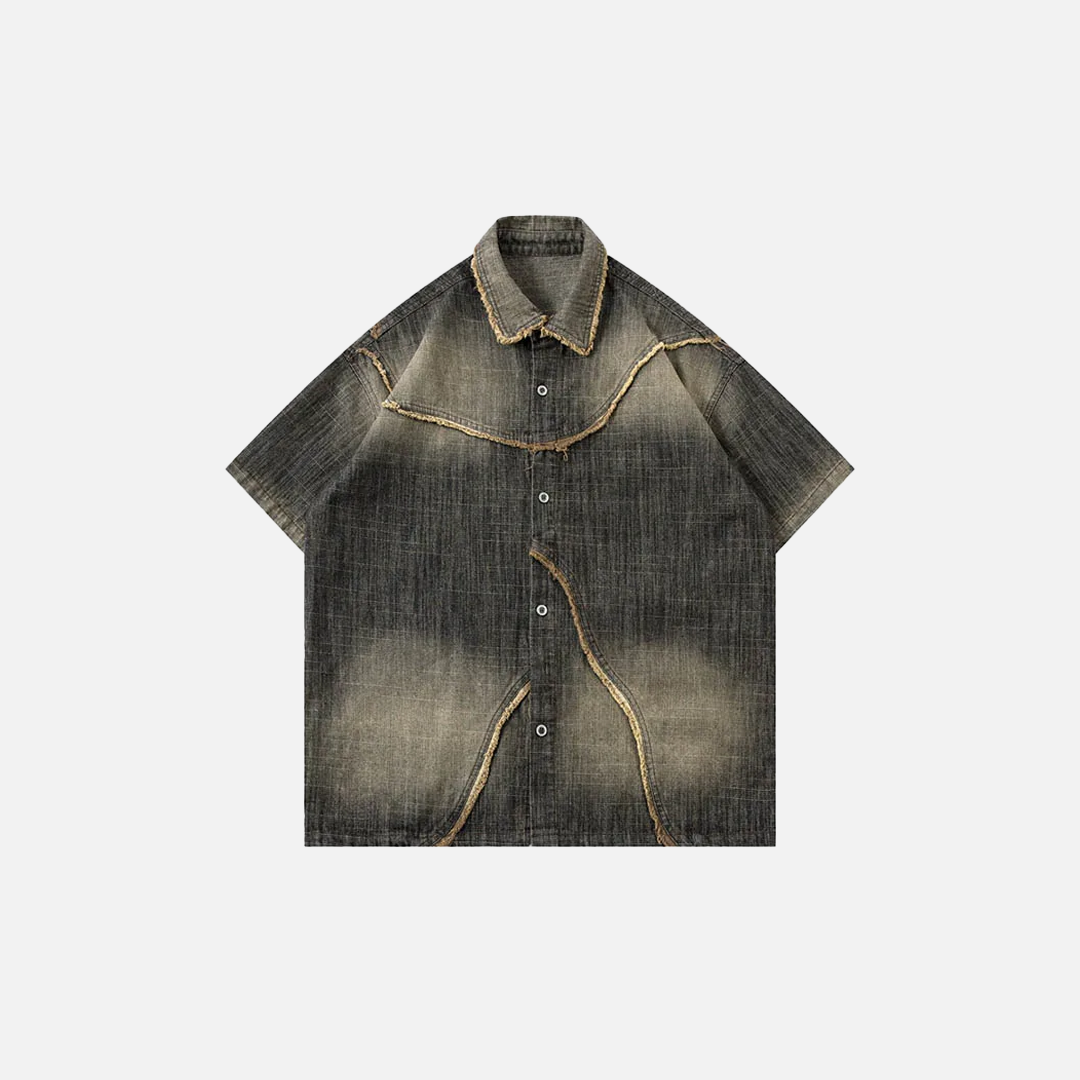 Chemise à manches courtes en denim patchwork délavé style années 2000