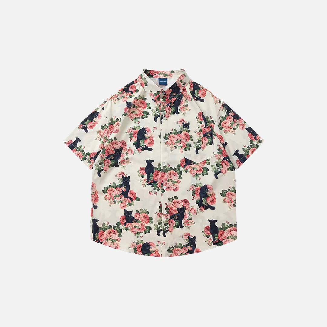 Streetwear Schwarzes Katzen-Blumen-Cooles Button-Up-Hemd