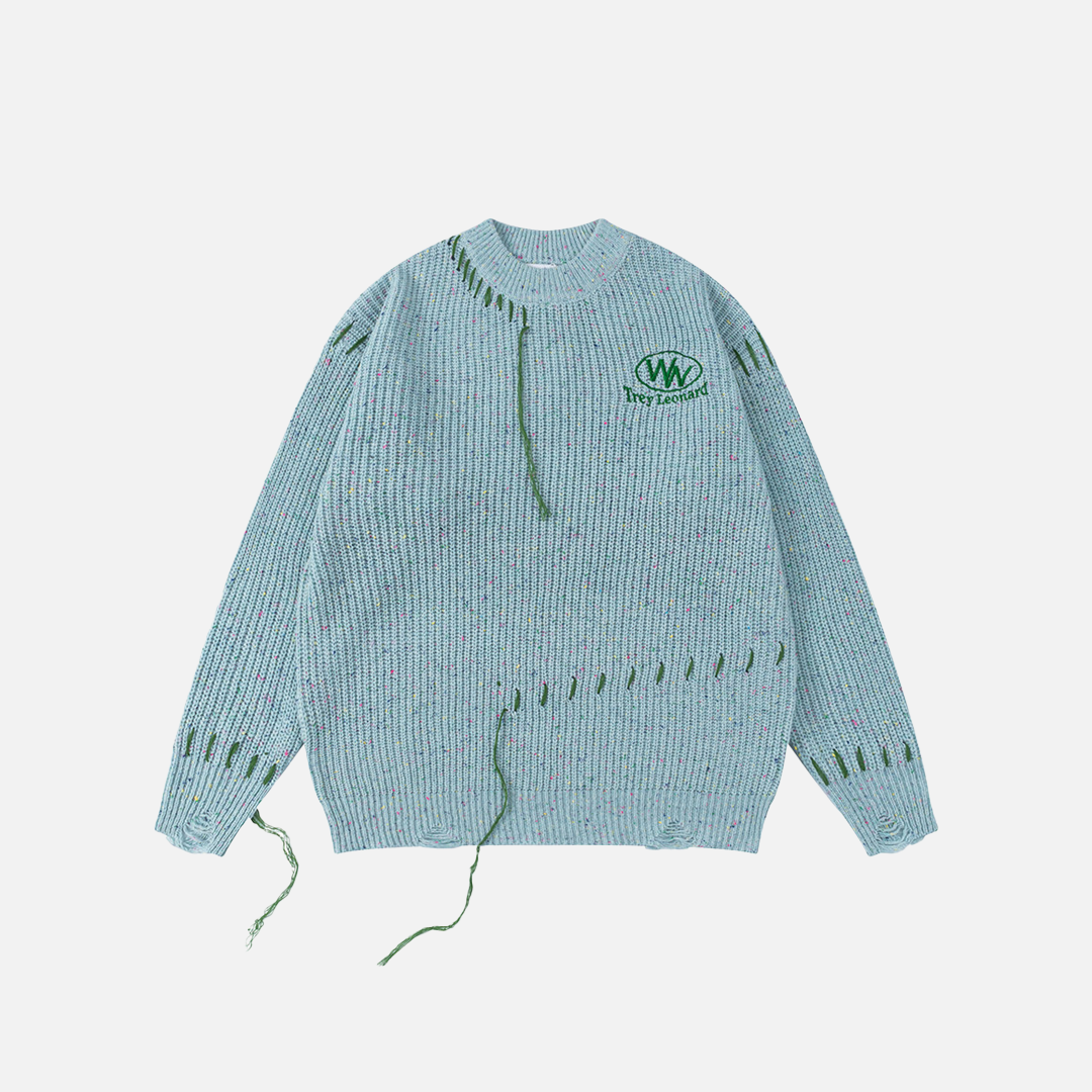 Pull tendance à col rond déchiré et brodé de lettres