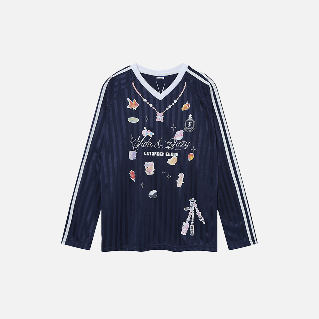 Trendiges Langarm-T-Shirt mit V-Ausschnitt und Cartoon-Print