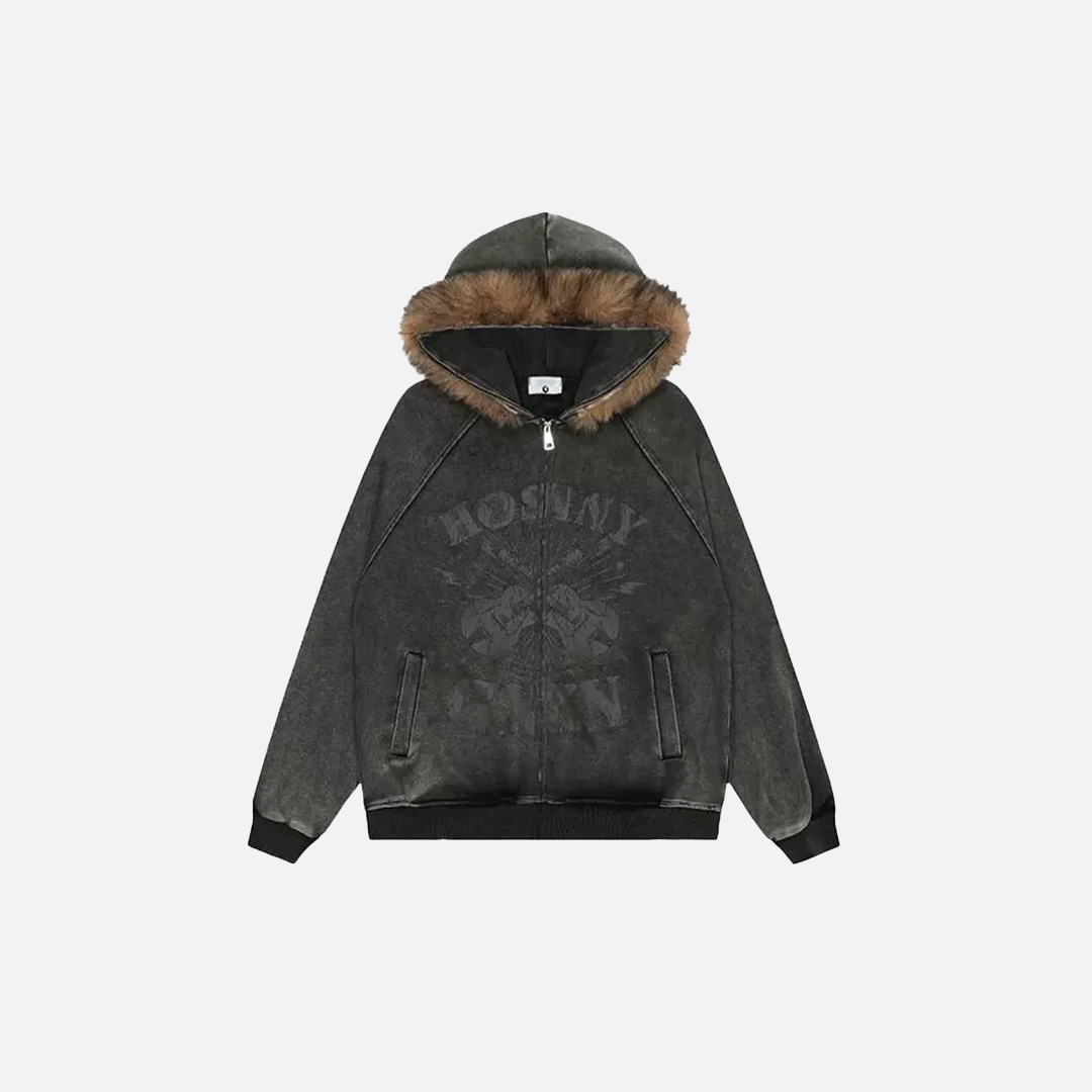 Men Distressed Rock Print Furr Hooded Sweatshirt