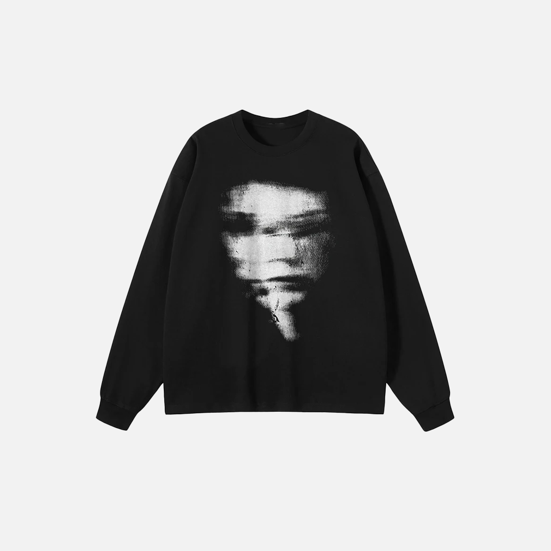 Langarm-T-Shirt aus Baumwolle mit verschwommenem Gesichtsmotiv